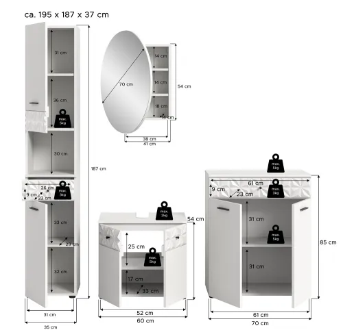Badezimmer-Set Prisma 2 | weiß / weiß Hochglanz | 4-teilig | ohne Beleuchtung