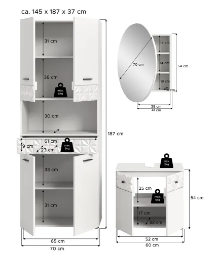 Badezimmer-Set Prisma | weiß / weiß Hochglanzl | 3-teilig | optional Beleuchtung