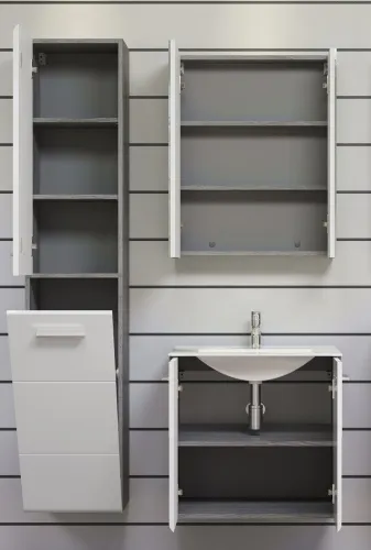 Badezimmer Set Riva | inkl. Waschbecken | weiß / rauchsilber | 3-teilig mit Aufsatzleuchte