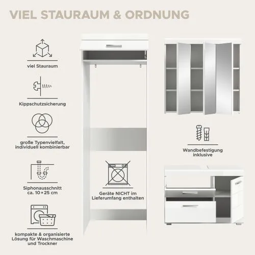 Badezimmer-Set Scout 1, 3-teilig, im Bad, Spiegelschrank, Waschtisch mit Unterschrank, Säule mit Waschmaschinenschrank – Ansicht 8
