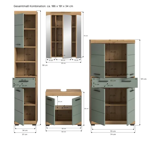 Badezimmer-Set Scout 5 | Salbei / Artisan Eiche | 4-teilig | optional Aufsatzleuchte