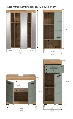 Badezimmer-Set Scout 2, 4-teilig, Badezimmer mit Spiegelschrank, Waschtisch mit Unterschrank, Hochschrank und Wandregal – Ansicht 5