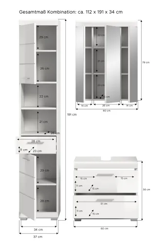 Badezimmer-Set Scout 6 | weiß Hochglanz / weiß | 3-teilig | ohne Aufsatzleuchte