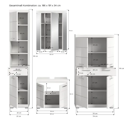 Badezimmer-Set Scout 5 | weiß Hochglanz / weiß | 4-teilig | optional Aufsatzleuchte