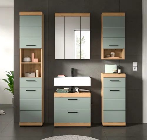 Badezimmer-Set Scout 3 | Salbei / Artisan Eiche | 5-teilig | mit Aufsatzleuchte
