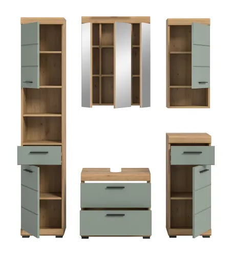 Badezimmer-Set Scout 3 | Salbei / Artisan Eiche | 5-teilig | mit Aufsatzleuchte