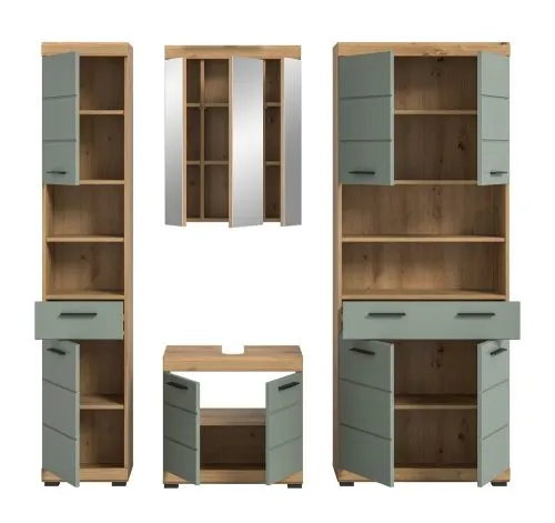 Badezimmer-Set Scout 4 | Salbei / Artisan Eiche | 4-teilig | mit Aufsatzleuchte