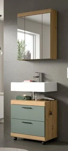 Badezimmer-Set Scout 6 auf Rollen | Salbei / Artisan Eiche | 2-teilig mit Aufsatzleuchte