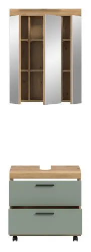 Badezimmer-Set Scout 6 auf Rollen | Salbei / Artisan Eiche | 2-teilig mit Aufsatzleuchte