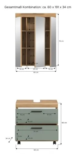 Badezimmer-Set Scout 6 auf Rollen | Salbei / Artisan Eiche | 2-teilig mit Aufsatzleuchte
