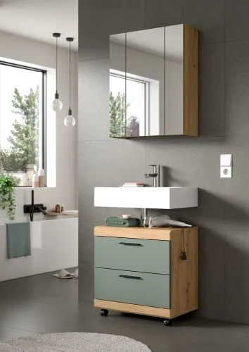 Badezimmer-Set Scout 6 auf Rollen | Salbei / Artisan Eiche | 2-teilig mit Aufsatzleuchte