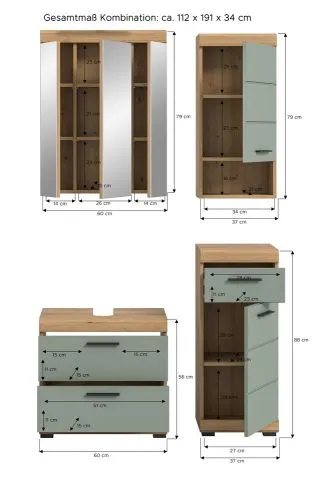 Badezimmer-Set Scout 6 | Salbei / Artisan Eiche | 4-teilig | mit Aufsatzleuchte