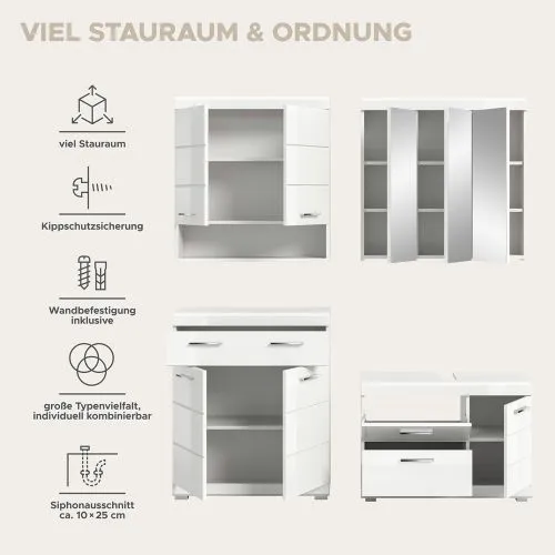 Badezimmer-Set Scout 6, 4-teilig, im Bad an grauer Wand, Unterschränke mit Waschbecken, Spiegelschränke, offene Ablage – Ansicht 8