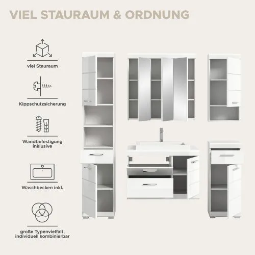 Badezimmer-Set Scout 6 | weiß Hochglanz / weiß | 5-teilig mit Aufsatzleuchte 2a