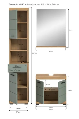 Badezimmer-Set Scout | Salbei / Artisan Eiche | 3-teilig | mit Aufsatzleuchte