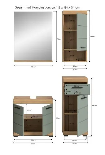 Badezimmer-Set Scout, 4-teilig, Salbei, Artisan Eiche, im Bad an der Wand, mit Spiegel, Waschtisch und Hängeschränken – Ansicht 5