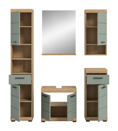 Badezimmer-Set Scout | Salbei / Artisan Eiche | 5-teilig | optional Aufsatzleuchte