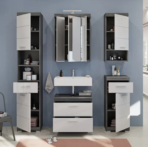 Badezimmer-Set Scout | weiß Hochglanz / rauchsilber | 5-teilig | inkl. LED Beleuchtung