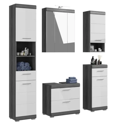 Badezimmer-Set Scout | weiß Hochglanz / rauchsilber | 5-teilig | inkl. LED Beleuchtung