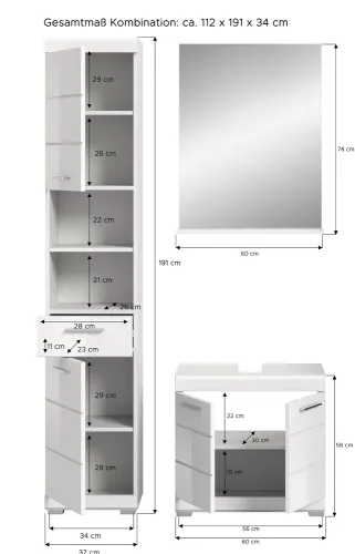 Badezimmer-Set Scout 3 | weiß Hochglanz / weiß | 3-teilig | mit Aufsatzleuchte