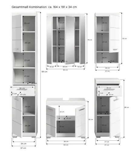 Badezimmer-Set Scout 4 | weiß Hochglanz / weiß | 5-teilig | mit Aufsatzleuchte