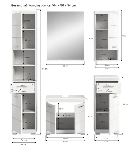 Badezimmer-Set Scout 3 | weiß Hochglanz / weiß | 5-teilig | optional Aufsatzleuchte