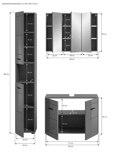 Badezimmer Set Soft 1 | grau Hochglanz | 3-teilig mit Aufsatzleuchte