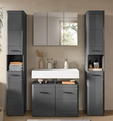 Badezimmer Set Soft 1 | grau Hochglanz | 4-teilig mit Aufsatzleuchte