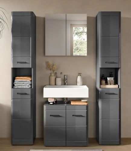 Badezimmer Set Soft | grau Hochglanz | 4-teilig mit Aufsatzleuchte
