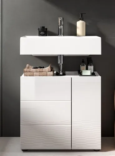 Badezimmer-Set Vira 1, 2-teilig, weiß Hochglanz, im Bad, Spiegelschrank über Waschtisch und Unterschrank – Ansicht 5