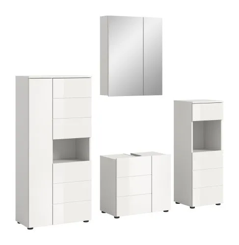 Badezimmer-Set Vira 2 | 4-teilig | weiß / weiß Hochglanz | mit Aufzatzleuchte