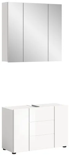 Badezimmer-Set Vira 2, 2-teilig, weiß Hochglanz, im Bad, Spiegelschrank über Waschtisch mit Unterschrank, LED-Beleuchtung – Ansicht 2