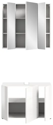 Badezimmer-Set Vira 2, 2-teilig, weiß Hochglanz, im Bad, Spiegelschrank über Waschtisch mit Unterschrank, LED-Beleuchtung – Ansicht 3