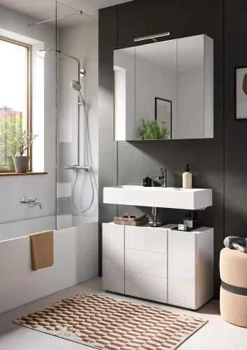 Badezimmer-Set Vira 2, 2-teilig, weiß Hochglanz, im Bad, Spiegelschrank über Waschtisch mit Unterschrank, LED-Beleuchtung – Ansicht 6