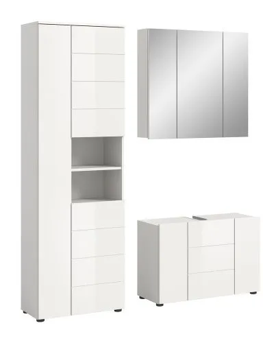 Badezimmer-Set Vira | 3-teilig | weiß / weiß Hochglanz | mit Aufzatzleuchte