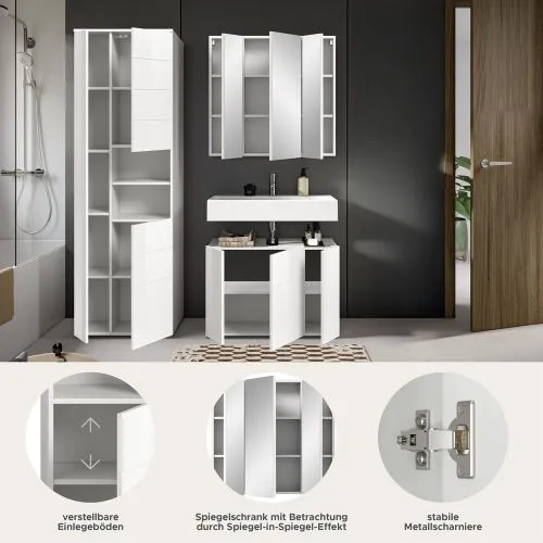 Badezimmer-Set Vira | 3-teilig | weiß / weiß Hochglanz | mit Aufzatzleuchte