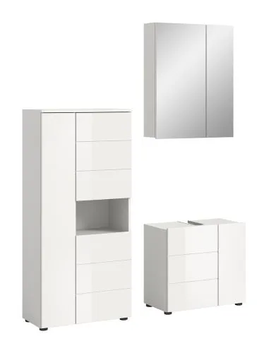 Badezimmer-Set Vira | 3-teilig | weiß / weiß Hochglanz | mit Aufzatzleuchte