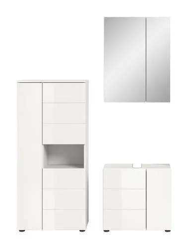 Badezimmer-Set Vira | 3-teilig | weiß / weiß Hochglanz | mit Aufzatzleuchte