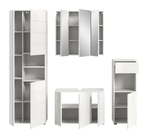 Badezimmer-Set Vira | 4-teilig | weiß / weiß Hochglanz | mit Aufzatzleuchte