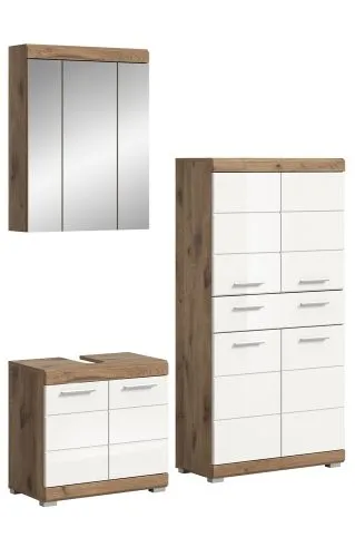 Badezimmer-Set Wave 2 | weiß Hochglanz / Nox Oak | 3-teilig