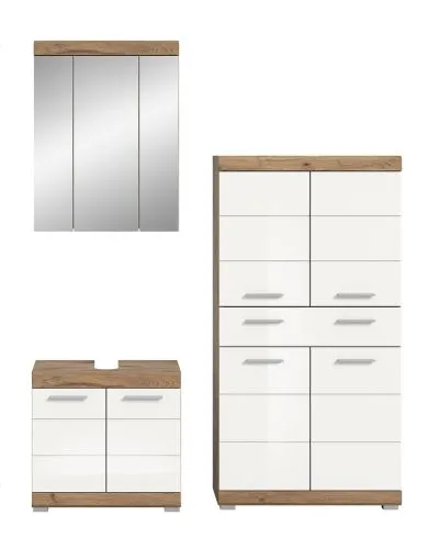 Badezimmer-Set Wave 2 | weiß Hochglanz / Nox Oak | 3-teilig | mit Aufsatzleuchte 1a