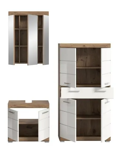 Badezimmer-Set Wave 2 | weiß Hochglanz / Nox Oak | 3-teilig | optional Beleuchtung