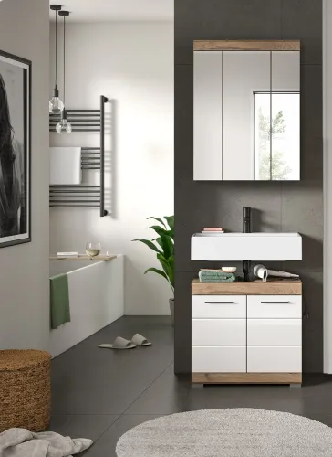 Badezimmer-Set Wave | weiß Hochglanz / Nox Oak | 2-teilig | mit Aufsatzleuchte