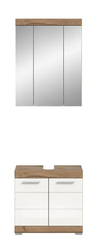 Badezimmer-Set Wave | weiß Hochglanz / Nox Oak | 2-teilig | mit Aufsatzleuchte