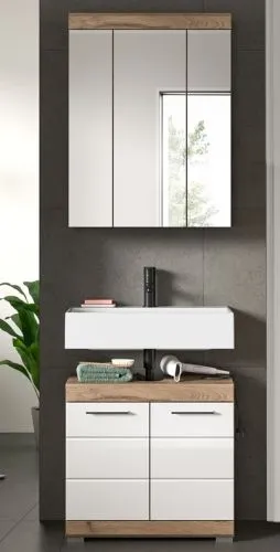 Badezimmer-Set Wave | weiß Hochglanz / Nox Oak | 2-teilig | optional Beleuchtung