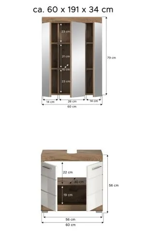 Badezimmer-Set Wave | weiß Hochglanz / Nox Oak | 2-teilig | optional Beleuchtung