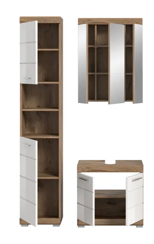 Badezimmer-Set Wave, 3-teilig, im Bad mit Spiegelschrank, Waschtisch-Unterschrank und Hochschrank, teilweise offene Fächer – Ansicht 4