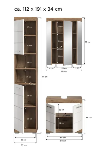 Badezimmer-Set Wave, 3-teilig, im Bad mit Spiegelschrank, Waschtisch-Unterschrank und Hochschrank, teilweise offene Fächer – Ansicht 5