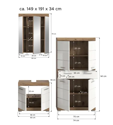 Badezimmer-Set Wave 2 | weiß Hochglanz / Nox Oak | 3-teilig | optional Beleuchtung