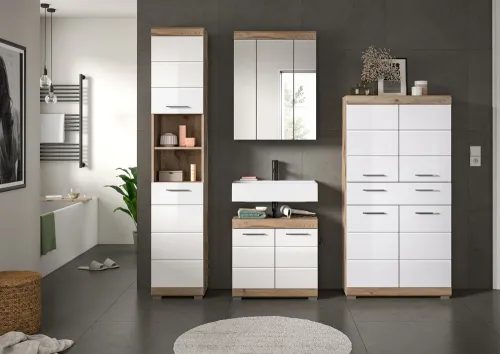 Badezimmer-Set Wave | weiß Hochglanz / Nox Oak | 4-teilig | mit Aufsatzleuchte